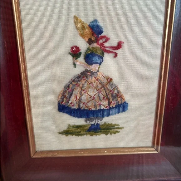 Vintage Petit Point Framed Fine Needlepoint Gilt Gold Wood Frame Victorian Girl - Picture 2 of 12